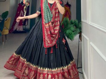 Women's Stitched Ethnic Lehenga Choli with Zari Border and Contrast Dupatta