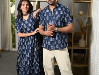 Couple Matching Navy-Blue Printed Cotton Anarkali Midi Dress & Shirt Set ? Summer Casual Wear
