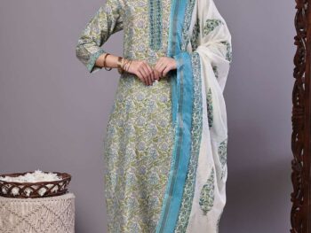 Women's Green & Blue Floral Chanderi Printed Kurta Set with Dupatta Suit Sets