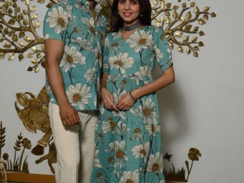 Couple Matching Teal-Blue floral Printed Cotton Anarkali Midi Dress & Shirt Set ? Summer Casual Wear