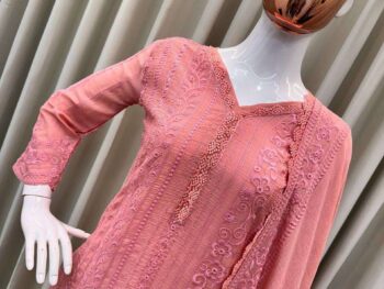 Women's Chinon Silk with Cotton Thread Embroidery Straight Kurti With Pant and Dupatta set