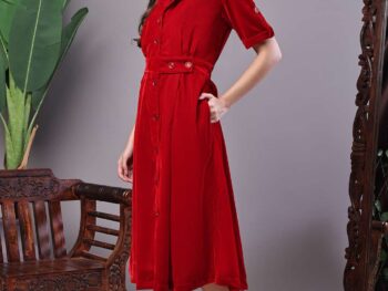 Women's Red Velvet Solid Printed Shirt Midi Dress with Belt