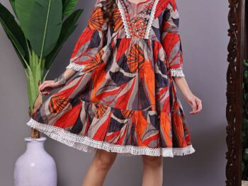 Wome's Multicolor Printed Cotton A-Line Dress with Embroidered Yoke Midi Dresses