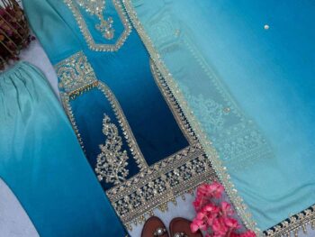 Women's Chinon Silk Embroidery Straight Pakistani Salwar Suit and Dupatta