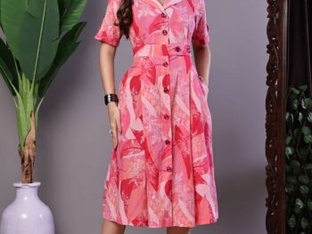 Women's Pink Printed Cotton Midi Shirt Dress