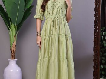 Wome's Boho-Chic Forest Green Tiered Maxi Dress with Puff Sleeves Dresses