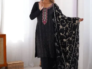 Women's Chinon Silk Sequence And Thread Work Straight Kurti With Pant and Dupatta Set