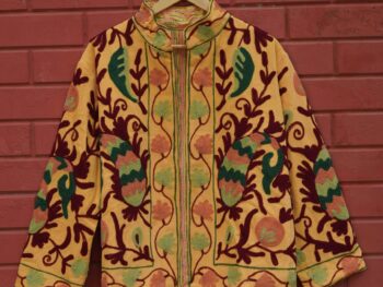 Womens Yellow Velvet Embroidered Jacket with Floral Design