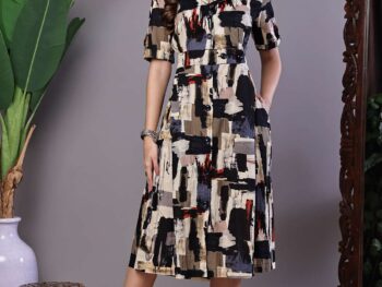 Women's Beige & Black Abstract Print Cotton Shirt Dress Midi Dresses