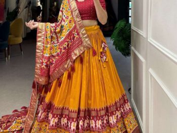 Women's Tussar Silk Patola Print Lehenga Choli Dupatta Set