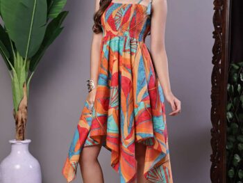 Women's Multicolor Printed Cotton Handkerchief Hem Dress Midi Dresses