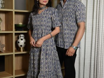 Couple Matching Navy Blue Cotton Anarkali Midi Dress and Shirt Set ? Paisley Block Print