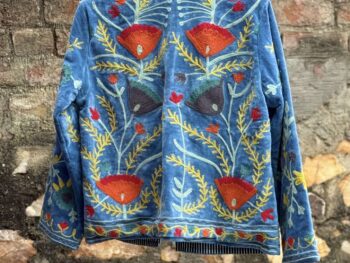 Womens Light Sky Blue Velvet Embroidered Jacket with Floral Design