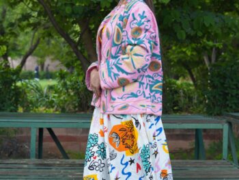 Womens Pink Velvet Embroidered Jacket with Floral Design