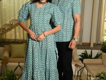 Couple Matching Green Cotton Anarkali Midi Dress and Shirt Set ? Arrow Print