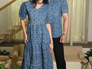 Couple Matching Blue Cotton Anarkali Midi Dress and Shirt Set ? Geometric Block Print