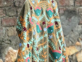 Womens Olive Green Velvet Embroidered Jacket with Floral Design