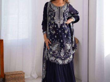 Women's Faux Georgette Sequins & Thread Work Straight Kurta With Sharara Suit and Dupatta Set