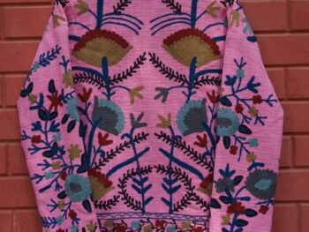 Womens Pink Velvet Embroidered Jacket with Floral Design