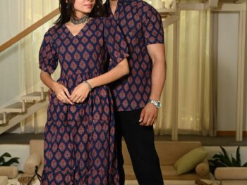 Couple Matching Navy Blue Cotton Anarkali Midi Dress and Shirt Set ? Red Hand Block Print