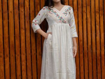 Women's Cotton Embroidered Short Anarkali Gown (Off White)