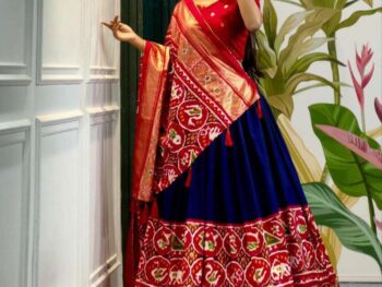 Women's Stitched Tussar Silk Patola Print Lehenga Choli Dupatta Set