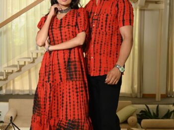 Couple Matching Red Printed Cotton Anarkali Midi Dress & Shirt Set ? Summer Casual Wear