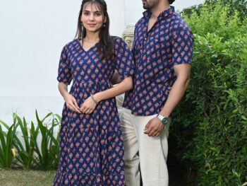 Couple Matching Navy Blue Cotton Printed Anarkali Midi Dress & Shirt Set ? Casual & Festive Wear