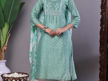 Women's Mint Green Chanderi Embroidered Kurta Set with Dupatta Suit Sets