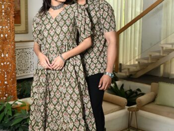 Couple Matching Green Cotton Anarkali Midi Dress and Shirt Set ? Ethnic Motif Print
