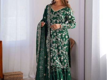 Women's Chinon Silk Embroidery Sequence Work Straight Kurti With Sharara Suit and Dupatta Set