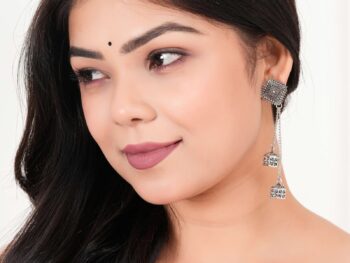 Women's Silver Circle Long Two AZ838-OXidised Unique Western Earrings for Women Party Wear