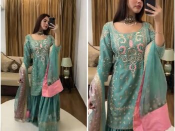 Women's Chinon Silk Heavy Embroidery Straight Kurta With Sharara and Dupatta set