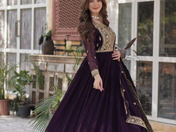 Women's Luxurious Plum Velvet Anarkali Gown with Heavy Gold Zari & Sequin Embroidery – Perfect for Weddings & Grand Festivities