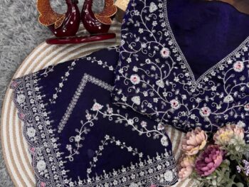 Royal Blue Embroidered Blouse Piece with Intricate Mirror, Sequin & Floral Threadwork – Ready-to-Stitch Fabric for Sarees & Festive Ethnic Wear