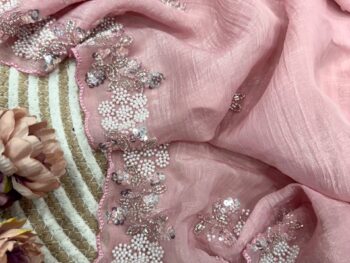Women's Soft Pink Organza Saree with Delicate Pearl & Sequin Floral Embroidery – Lightweight Sheer Drape for Festive, Wedding & Party Wear