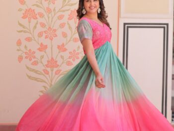 Women's Dual-Tone Ombre Gown in Candy Pink & Aqua Green with Embroidered Bodice – Festive & Contemporary Wear