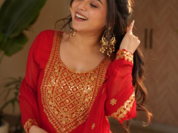 Women's Radiant Red Anarkali Suit Set with Golden Zari & Sequin Embroidery – Perfect for Festive & Wedding Occasions
