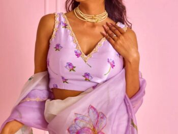 Women's Exquisite Lavender & White Organza Saree with Hand-Painted Lotus Floral Motifs & Gold Embellished Border – Complete with Matching Printed Blouse for Festive & Special Occasions