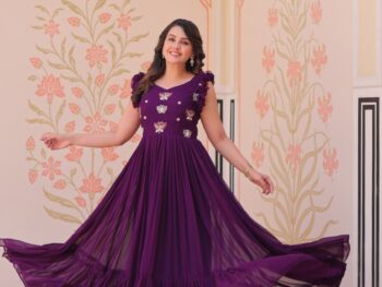 Women's Elegant Plum Purple Georgette Anarkali Gown with Butterfly Applique & Ruffle Sleeves – Festive & Special Occasion Wear