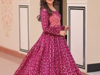 Women's Festive Berry Purple Printed Anarkali Gown with Intricate Zari Work & Embellished Yoke – Perfect for Traditional & Celebration Wear
