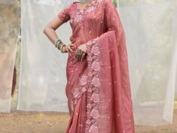 Women's Pristine White Organza Saree with Exquisite Pink & Green Floral Thread Embroidery – Complete with Matching Embroidered Blouse for Festive & Summer Wear