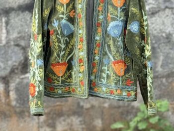 Womens Olive Green Velvet Embroidered Jacket with Floral Design