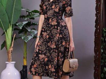 Women's Chic Black & Rust Floral Print Button-Front Midi Dress