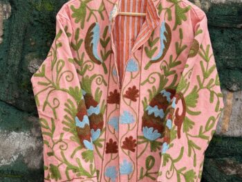 Womens Light Pink Velvet Embroidered Jacket with Floral Design