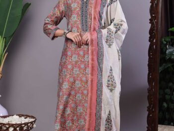 Women's Pink Floral Chanderi Printed Kurta Set with Dupatta Suit Sets