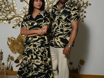 Couple Matching Black Printed Cotton Anarkali Midi Dress & Shirt Set ? Summer Casual Wear