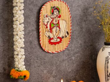 Oval Shaped Design Bamboo Hand Crafted Wall Hangings Of Bal Gopal With Holy Cow For Home Decor | Bamboo Art For Wall Decor