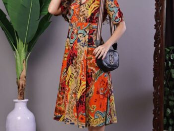 Women's Bohemian Chic Multi-Color Paisley Print Cotton Collared Midi Dress