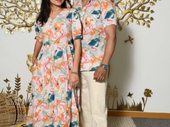 Couple Matching Abstract Print Cotton Anarkali Midi Dress & Shirt Set ? Multicolor Summer Outfit